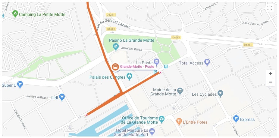 Plan de La Grande Motte : trajet depuis l’arrêt Grande-Motte - Poste jusqu’à la résidence Les Cyclades.